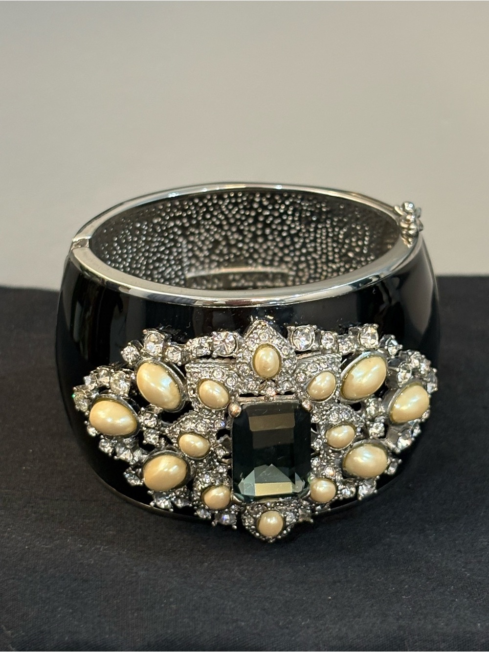 Ann Taylor Black Enamel Cuff Bracelet with Green Center Stone and Pearl Accents